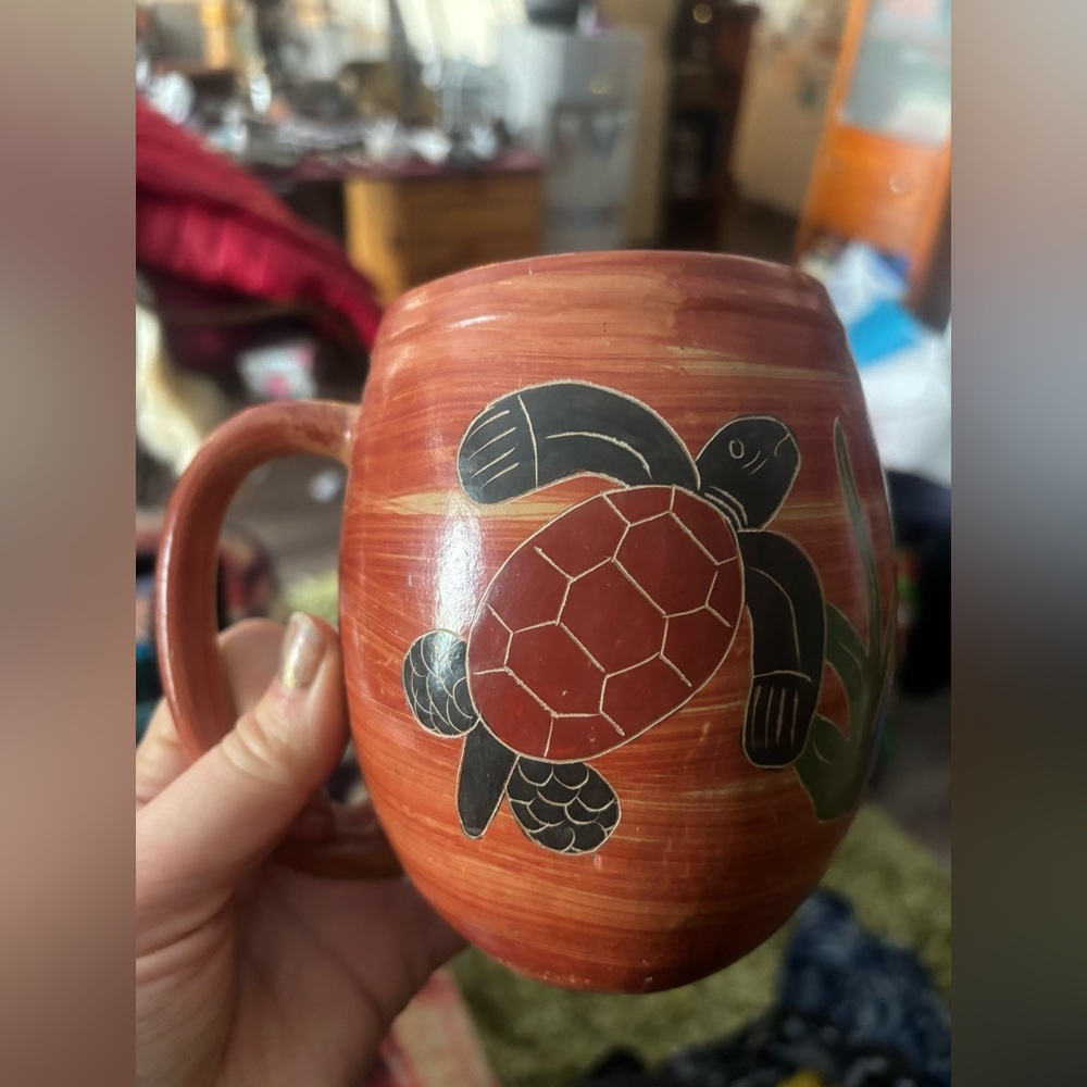 Turtle Themed Etched Hand Painted Terra Cotta Coffee Tea Mug